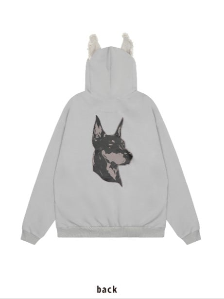 Light Hoodie Puppy Letter Fleece And Ears Grey Print Applique With