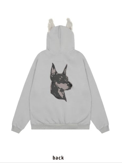 Light Hoodie Puppy Letter Fleece And Ears Grey Print Applique With