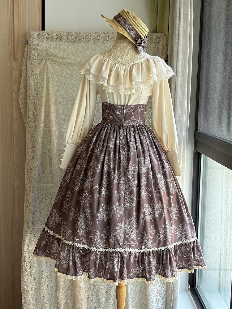 Brown & White Rosette Print Boned High Waist Elegant Classic Lolita Skirt with Lace Trim