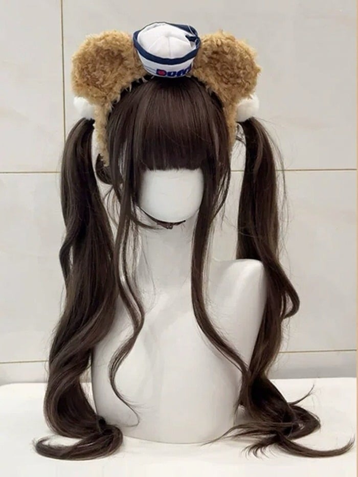 85cm Brown Long Wavy Twin Tails Curly Wig with Full Fringe - Meow Island Wig