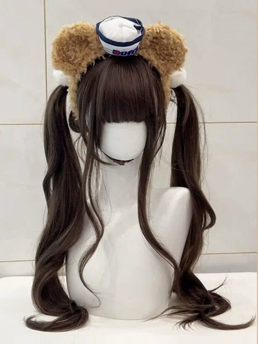 85cm Brown Long Wavy Twin Tails Curly Wig with Full Fringe - Meow Island Wig