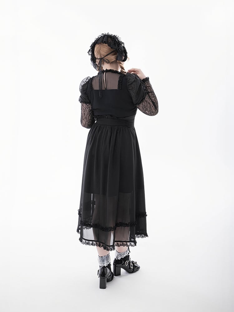 Tie Black Illusion Neckline Juliette Sleeves Jirai Kei Lace Blouse+Bow