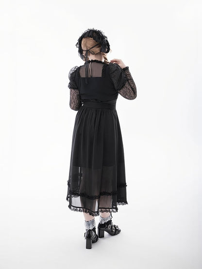 Tie Black Illusion Neckline Juliette Sleeves Jirai Kei Lace Blouse+Bow