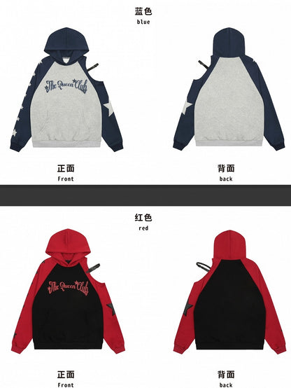 Kapuzenpullover mit Buchstaben-Print und Colorblock-Design und ausgeschnittenen Schultern