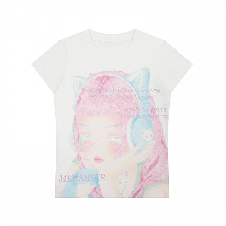 T-Shirt Y2K Cartoon Girl Print Weiß Rundhalsausschnitt Slim-Fit