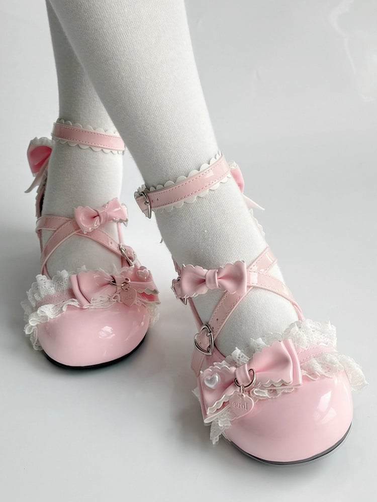 Mary PU Janes Mid-heel Bow Heart with Accents Design Pink - Sweet Lolita Snap