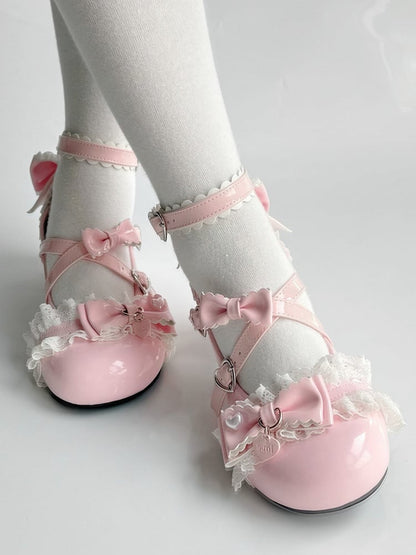 Mary PU Janes Mid-heel Bow Heart with Accents Design Pink - Sweet Lolita Snap