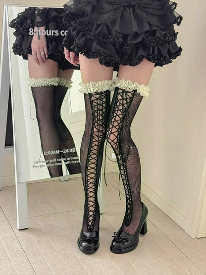 Dark Black Lace Strap Knee High Thigh Socks