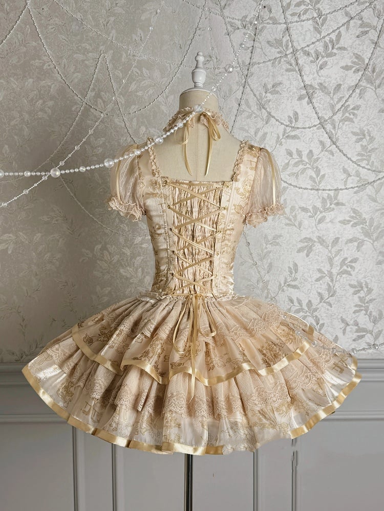 Ärmel Korsett Lolita Kitty Kurzes Kleid Print und Bunny Puff Champagner