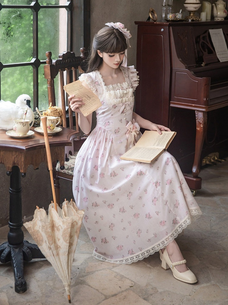 Graceful Pink Floral Lace JSK Dress with Brooch Set