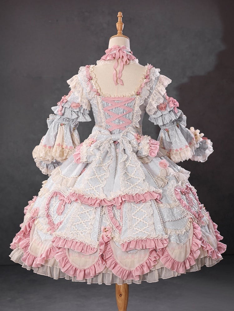 Wunderschönes Hanayome Lolita-Kleid mit Rosettenstickerei und Perlenkettendetails, Hellgrau