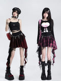 Rock Plaid Rot/Schwarz Schwarz Rosa Spitze Panel Unregelmäßigen Saum und