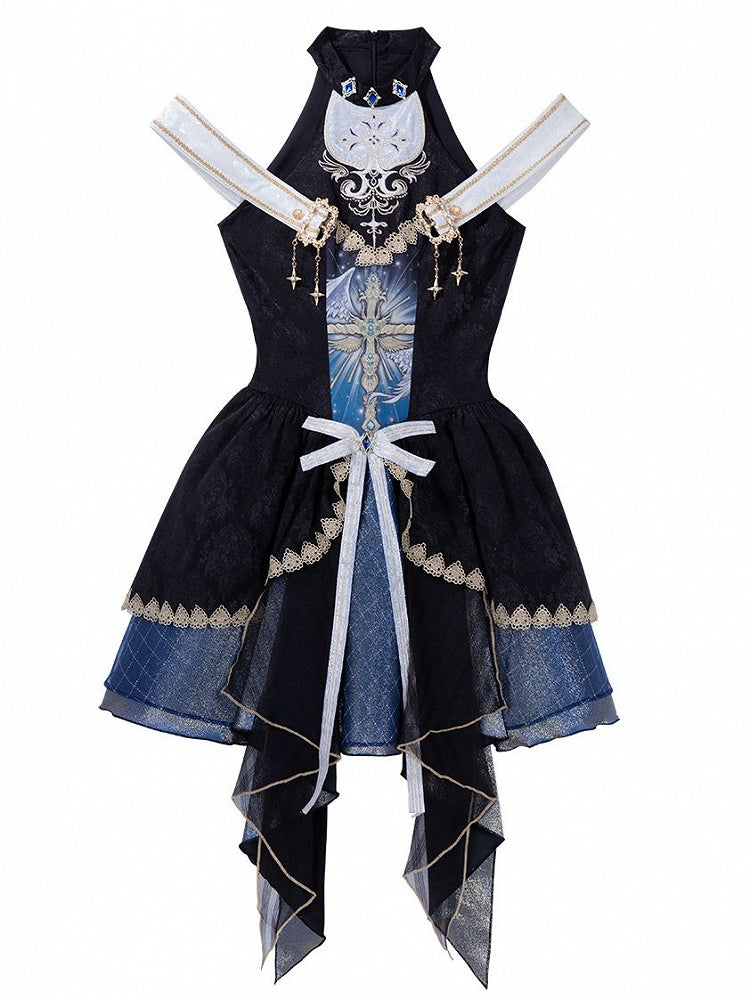 Skirt Gothic Design Cross Off-shoulder and Mock Front Print Jumper Cascading Neck Ruffles