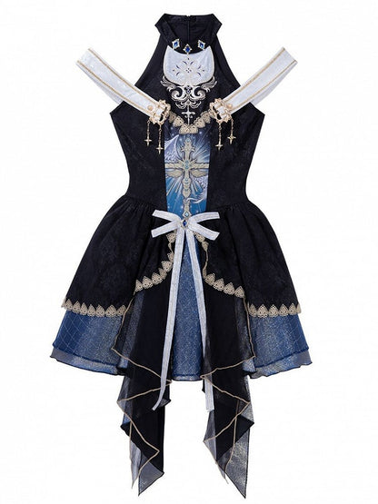 Skirt Cascading Front Design Ruffles Jumper Off-shoulder and Gothic Cross Neck Mock Print