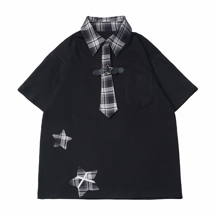 Preppy Plaid Shirt with Star Patches and Tie Details - PINK SAVIOR