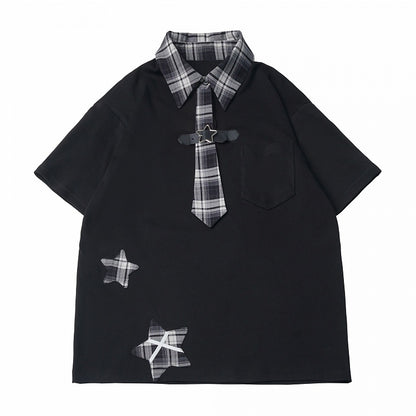 Preppy Plaid Shirt with Star Patches and Tie Details - PINK SAVIOR