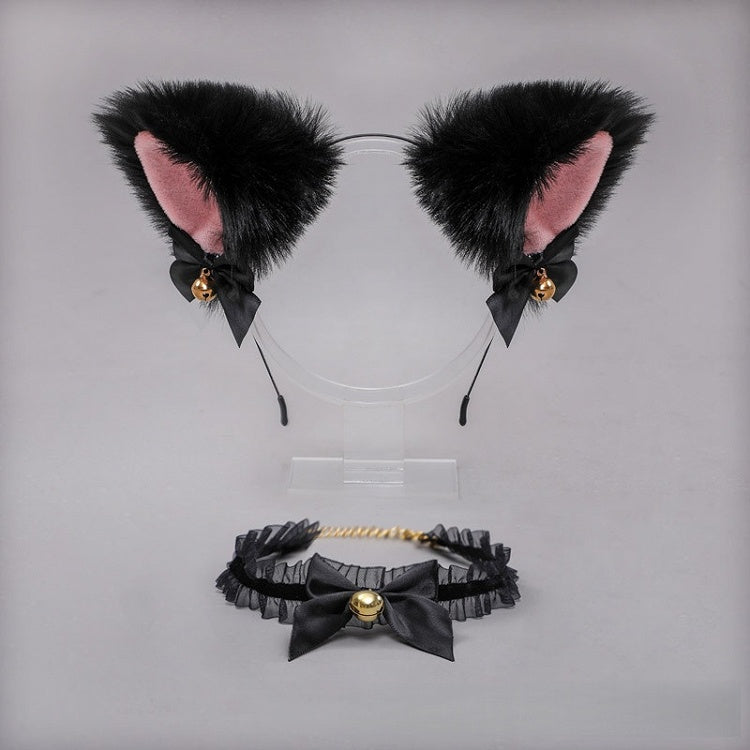 / Choker Black Lolita Pink Bell KC Fur Faux Cute Ear Lace White + Kitty Set Bowknot -
