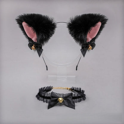 / Choker Black Lolita Pink Bell KC Fur Faux Cute Ear Lace White + Kitty Set Bowknot -