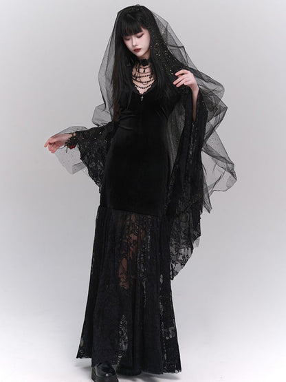 Gothic Black Velvet Bell Sleeves V-Neck Lace Dress