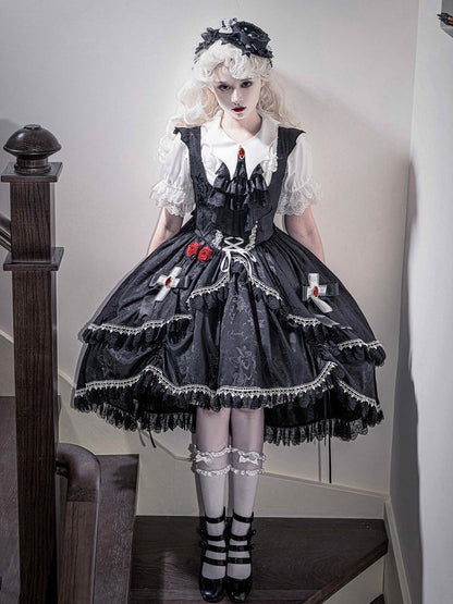Schwarzes, schulterfreies, hochgeschlossenes Fledermaus-Gothic-Flügelkleid mit Lolita-Rock