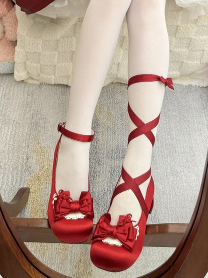 Sweet Red Lolita Low-heel Mary Jane Shoes in Satin with Lace-up at Ankle, Detachable Ankle Strap & Heart Fastener