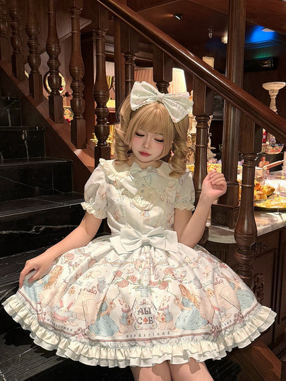Dress Print One Piece Peter Sweet Blue Light in Wonderland Pan Theme Alice Lolita Collar