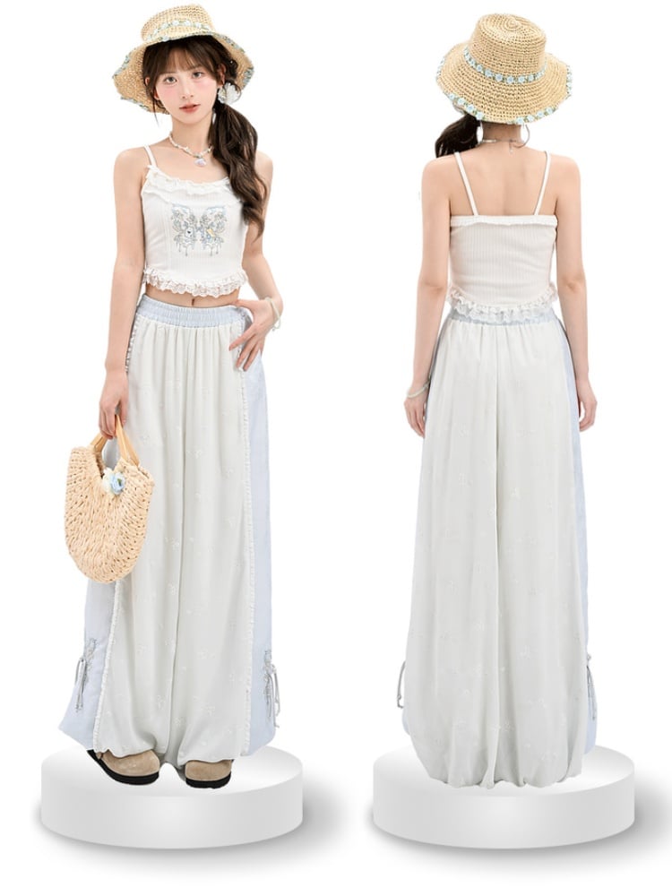 Version Cuffs Holiday Blue and White Colorblock Design Wide-Leg Pants Butterfly Embroidery Regular/Short