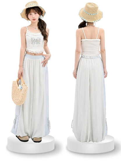 Version Cuffs Holiday Blue and White Colorblock Design Wide-Leg Pants Butterfly Embroidery Regular/Short