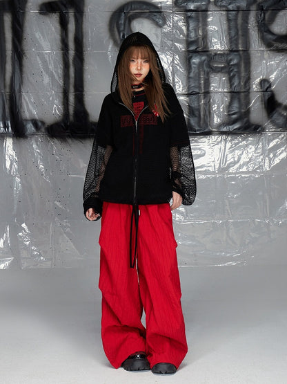 ブラック 中空ハートアップリケ ジップ開閉 長袖 ニットトップス