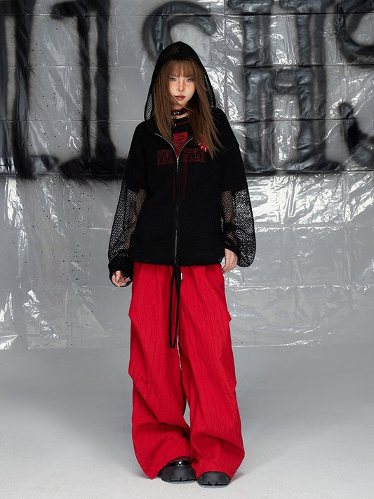 ブラック 中空ハートアップリケ ジップ開閉 長袖 ニットトップス