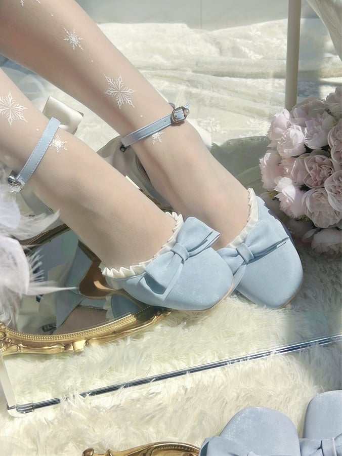 Classic Bowknot PU Details Mid-heel Blue in Ruffles with Lolita Shoes Trim Leather