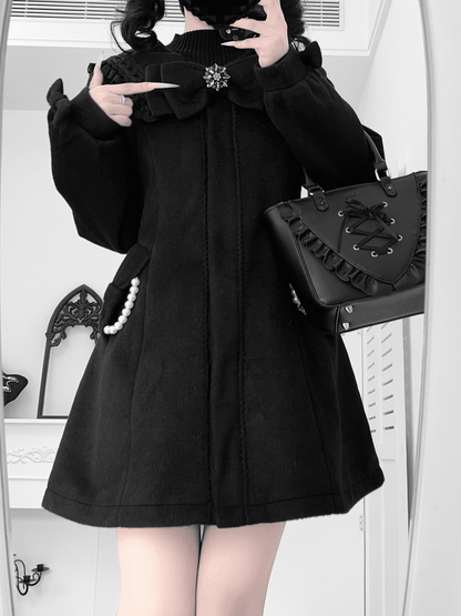 Jirai Kei Black Wool Blend Coat with Lace Sailor Collar and Beaded Chain Accented Pockets
