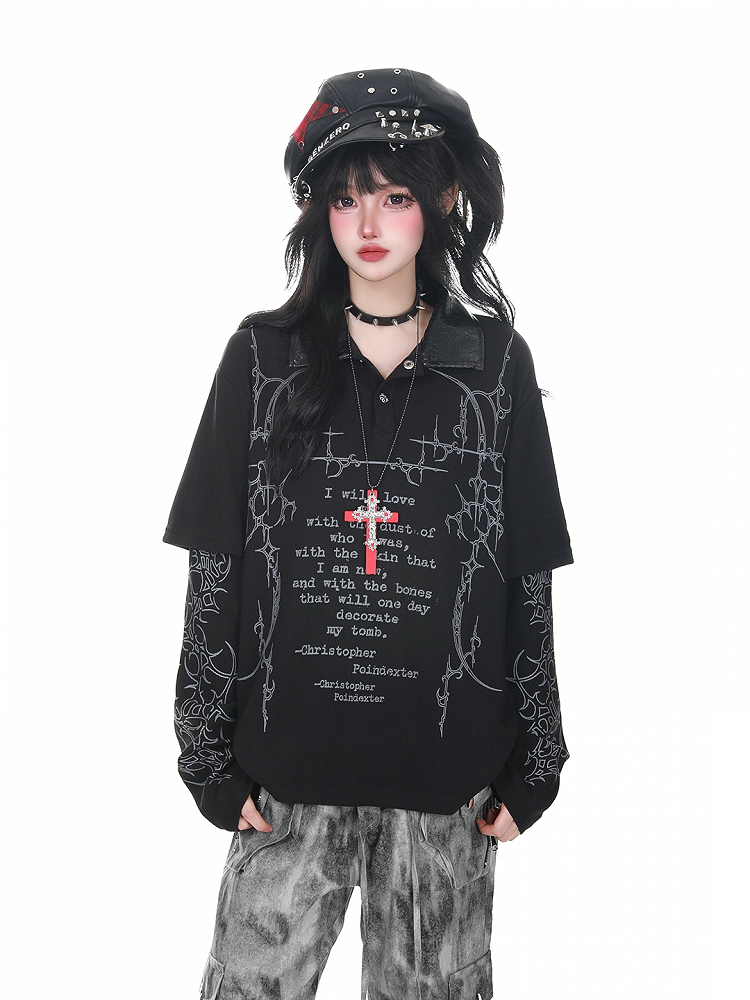 Graphic Long Sleeve Print Faux Two-Piece Gray/Black Punk with Top Gothic