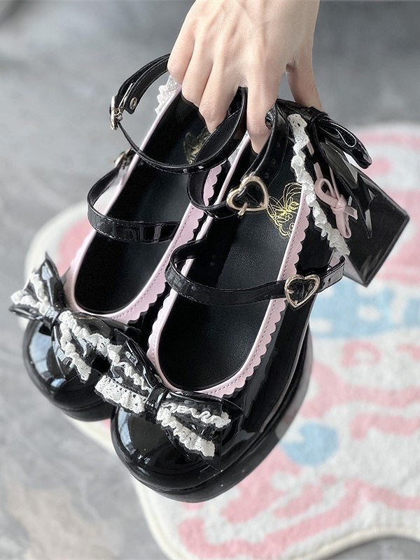 Design Black High Jane Block Heel Lolita Mary Hem with Shoes Elegant Scalloped
