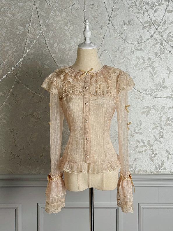 Champagnerbluse mit halbtransparenten Ärmeln und langen Schleifen