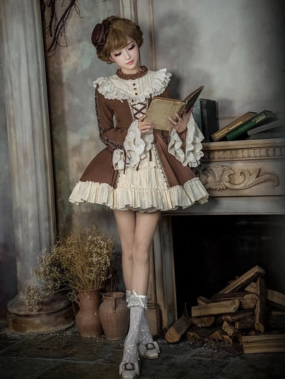 and Beige Ruffle Neckline Brown Sleeves Dress Lolita Bell Version Short