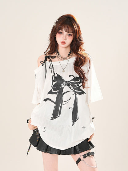 Black/White Asymmetrical Neckline Big Bow Print Loose T-shirt