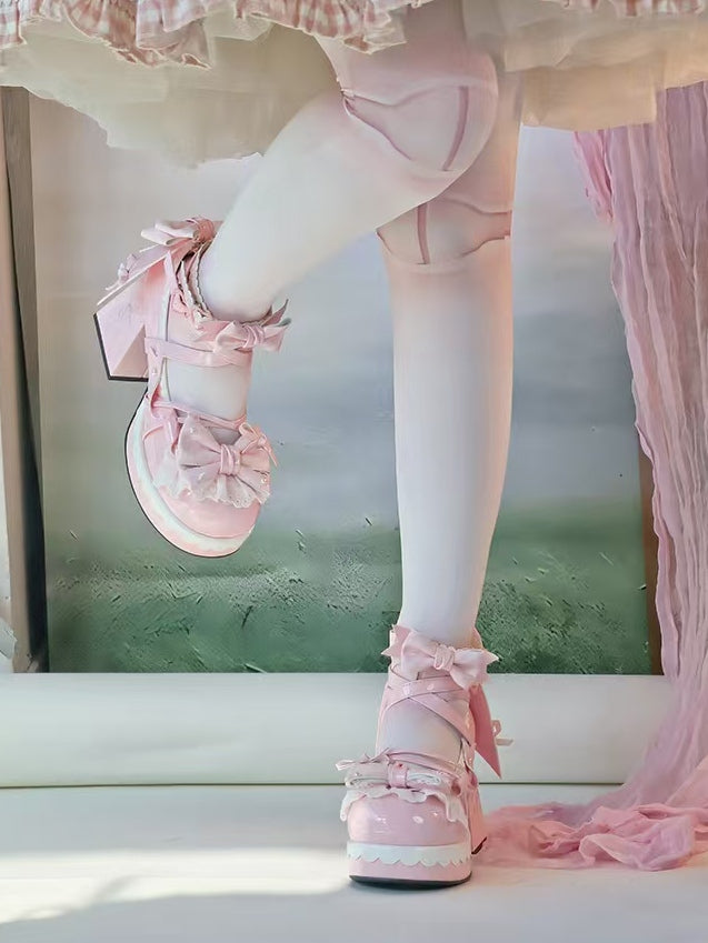 Pink Heel Mary Bow High Lolita Striped 8cm - Block Janes PU Sweet Platform
