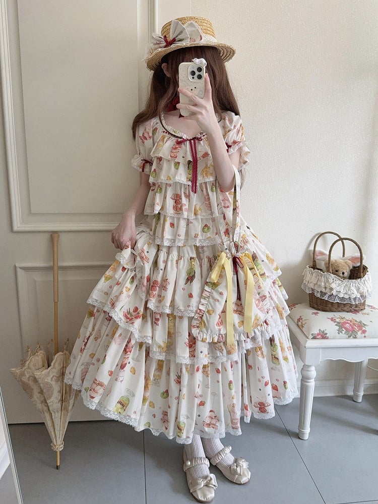 ショートパフェフルーツトップスリーブサマープリントクリーム