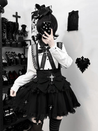 Shirt Black Bow with Tie Jirai White Kei Embroidery Cross Letter