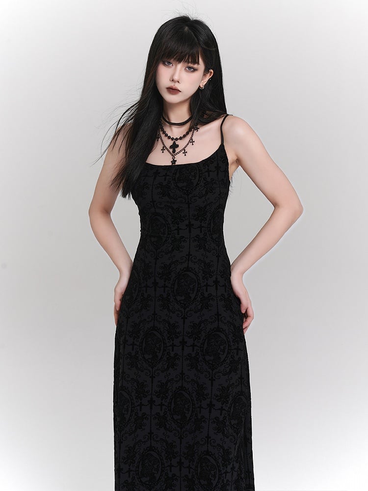 Flocked Black  Patterns Slip Ankle-Length Gothic with Floral Portraits Dress