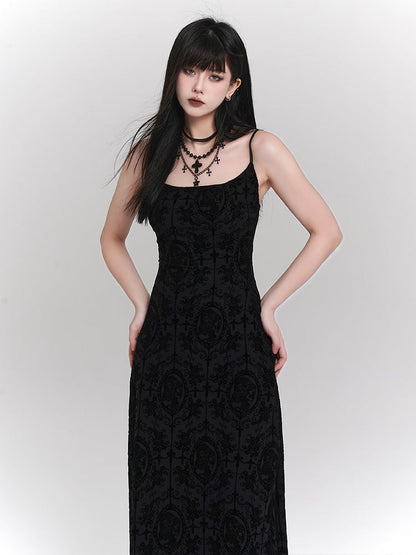 Flocked Black  Patterns Slip Ankle-Length Gothic with Floral Portraits Dress