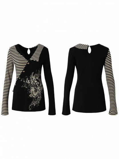 Top Vintage + Gothic Y2K Striped Collar with Black Punk Heart Knit Sleeve Motif