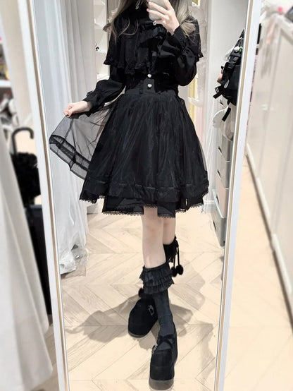 Jirai Long Design Detailed - Tiered Skirt Black High-Waist Heart Button Kei Version