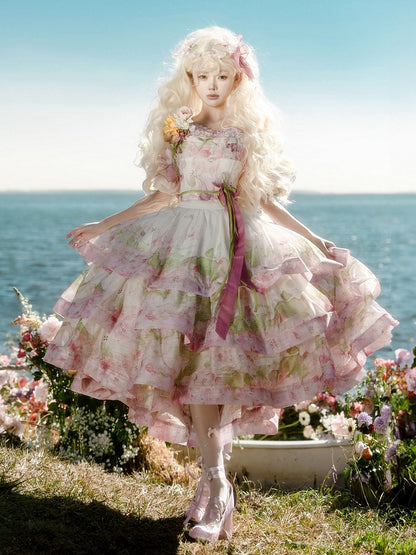 Pink Rhododendron Print Lolita Three Layers High-low Skirt - Deer-seeking Letter Lolita