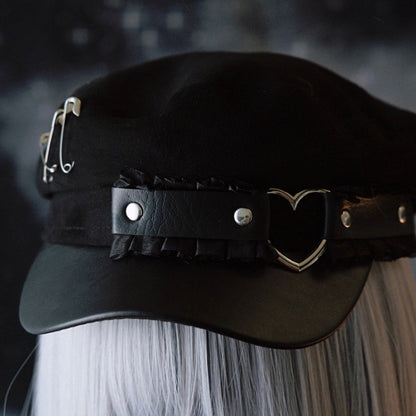Beret Black Trim Gothic Hat Ruffled Pin Decorated