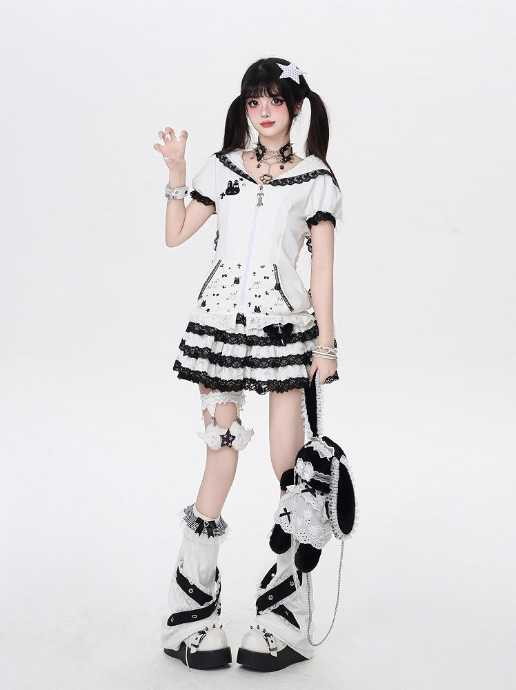 Jirai Trim Bunny Ears Design Hood Lace Kei Black/White