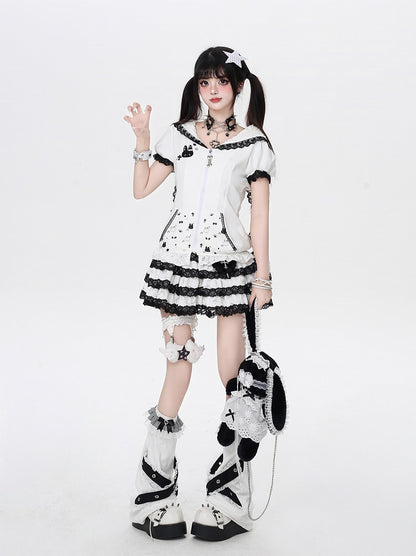 Jirai Trim Bunny Ears Design Hood Lace Kei Black/White
