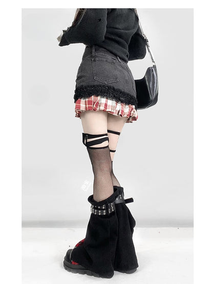 Y2K Red Plaid Pattern Hem Black Denim  Skirt+Buckle Strap Leg Warmers