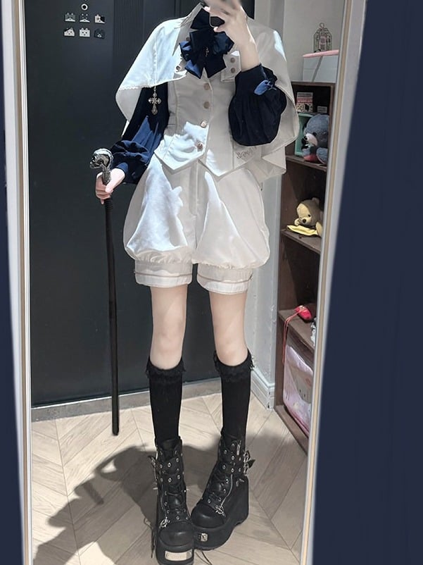 Ouji Lolita 4-Piece Set White Vest Blue Blouse Shorts & Bow - Castle Too